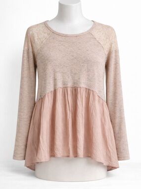 Altered State Boho Lace Knit Peplum Blouse Pink Beige Small